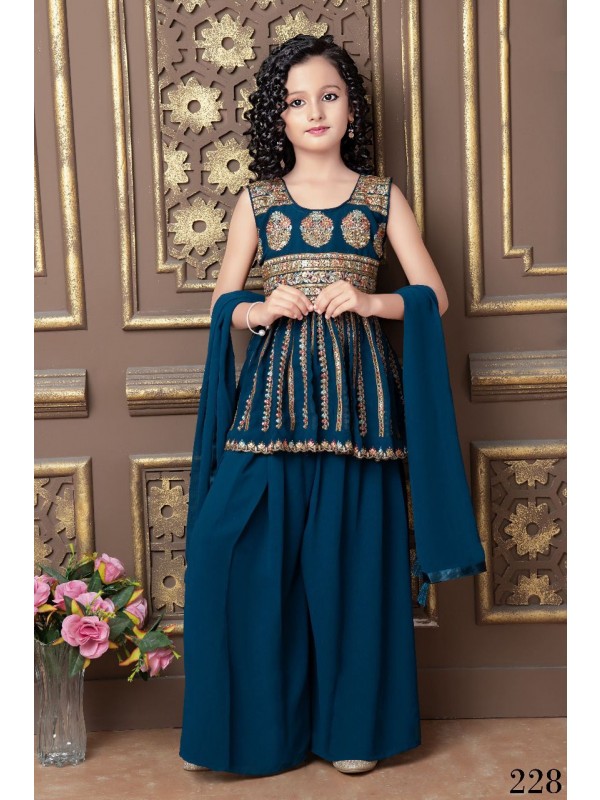 Georgette  Party Wear Kids Sharara In Teal Blue With Embroidery Work 