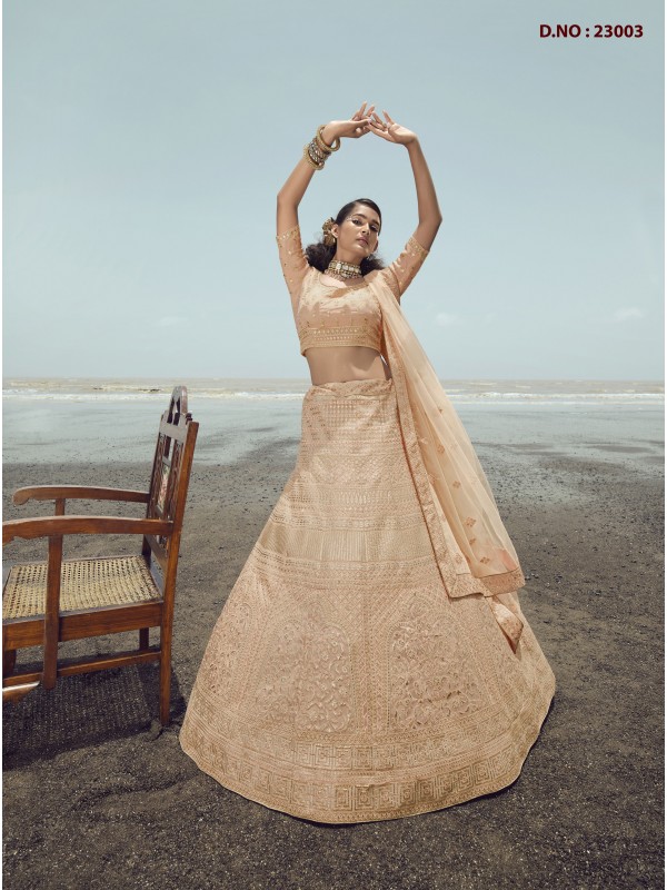 Pure Organza  Fabrics Party Wear Lehenga in Peach Color With Embroidery  