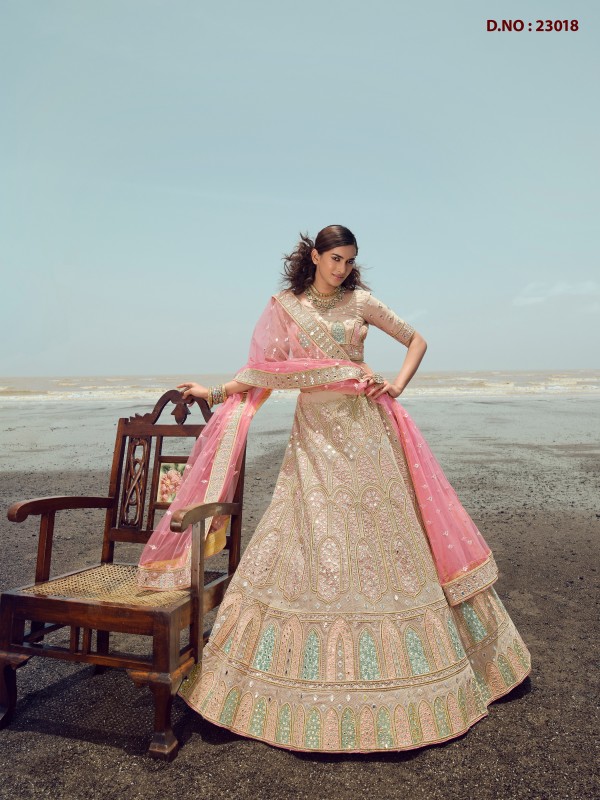 Pure Organza  Fabrics Party Wear Lehenga in Beige Color With Embroidery  