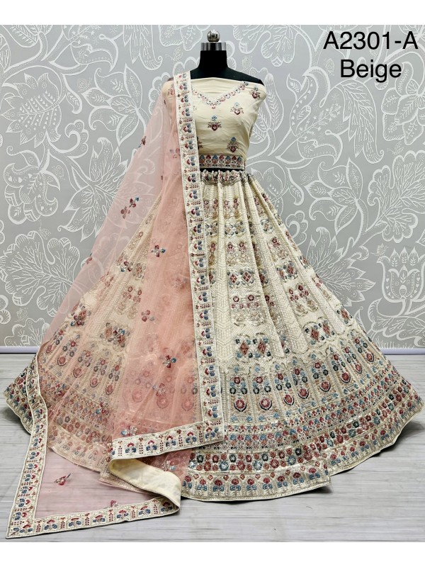 Pure Geogratte fabric Bridel Wear Lehenga In Beige Color With Embroidery Work