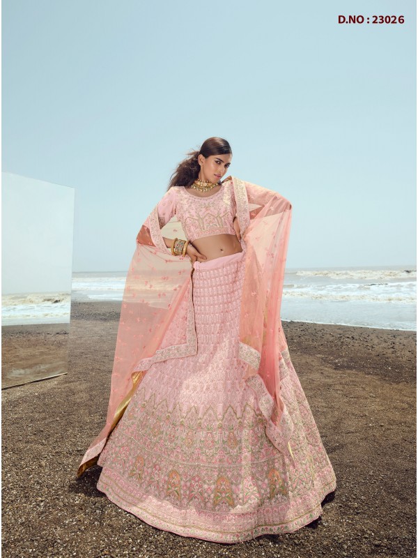 Pure Georgette Fabrics Party Wear Lehenga in Pink Color With Embroidery  