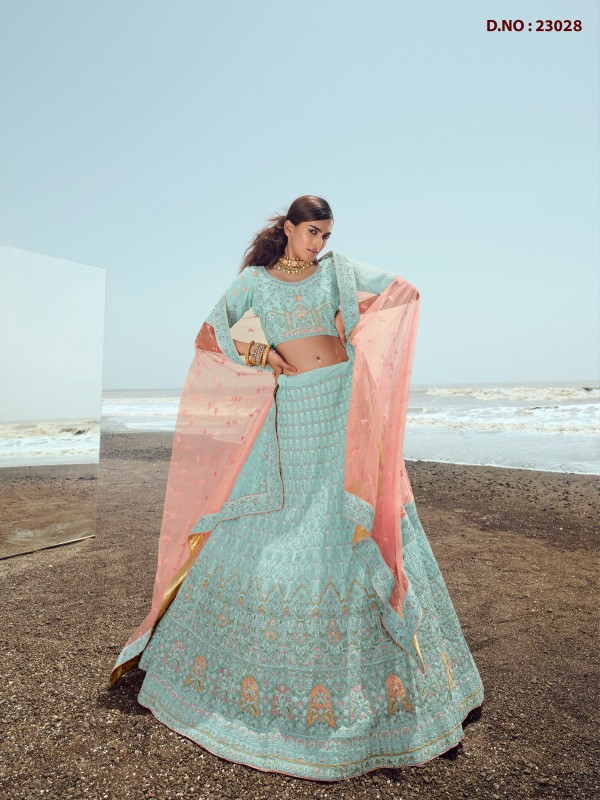 Pure Georgette Fabrics Party Wear Lehenga in Turquoise Color With Embroidery  