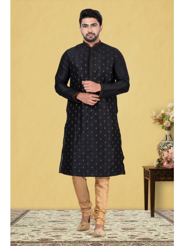 Heritage Silk Printed Readymade Kurta set in Black With Embroidery