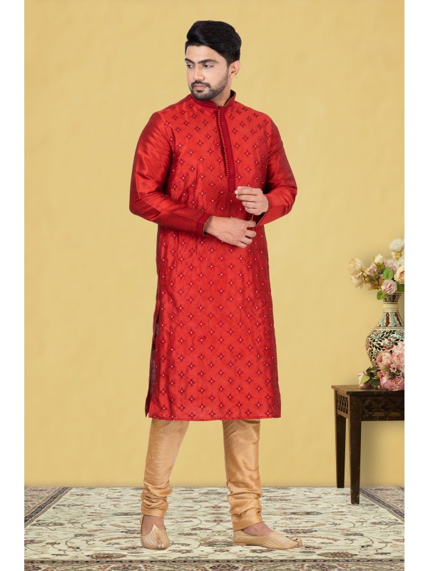 Heritage Silk Printed Readymade Kurta set in Red with Embroidery