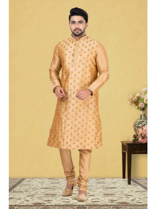Heritage Silk Printed Readymade Kurta set in Gold With Embroidery