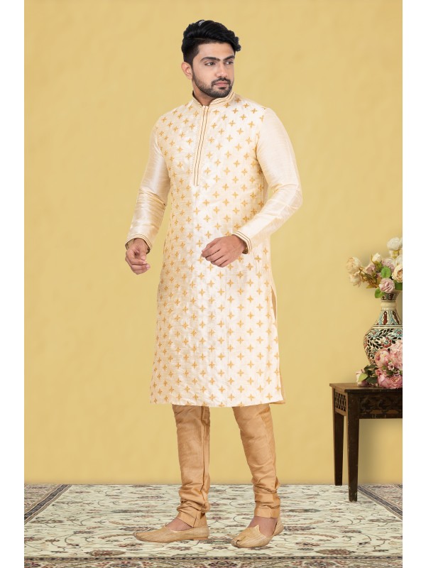 Heritage Silk Printed Readymade Kurta set in Cream With Embroidery