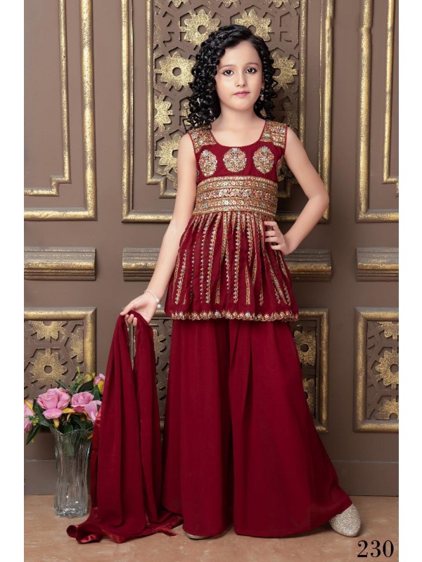 Georgette  Party Wear Kids Sharara In Maroon With Embroidery Work 