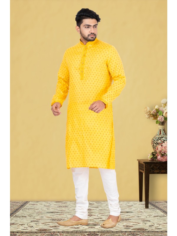 Cotton Silk Printed Readymade Kurta set in Yellow 
