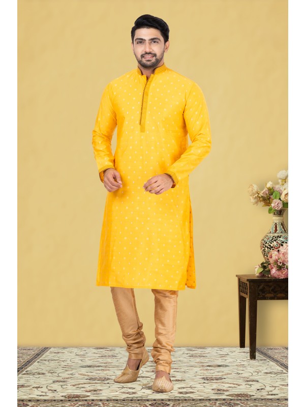 Cotton Silk Printed Readymade Kurta set in Yellow 