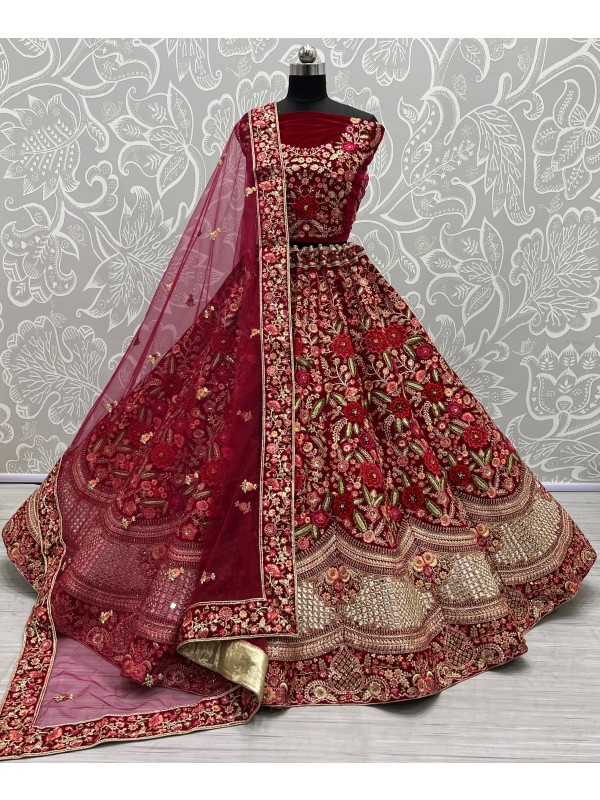 Pure Micro Velvet Bridal  Wear Lehenga In Dark Pink Color With Embroidery Work 