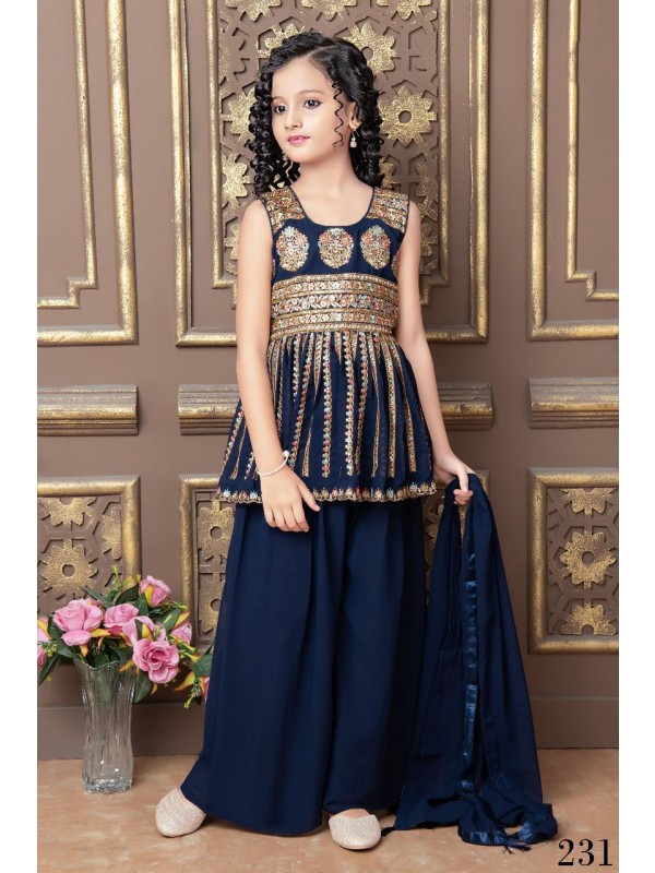 Georgette  Party Wear Kids Sharara In  Blue With Embroidery Work 