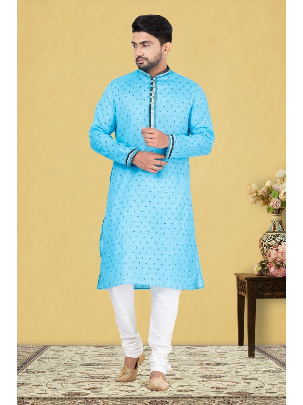Cotton Silk Printed Readymade Kurta set in Sky Blue 