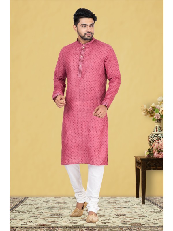Cotton Silk Printed Readymade Kurta set in Pink 