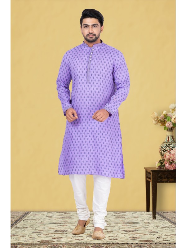 Cotton Silk Printed Readymade Kurta set in Purple 
