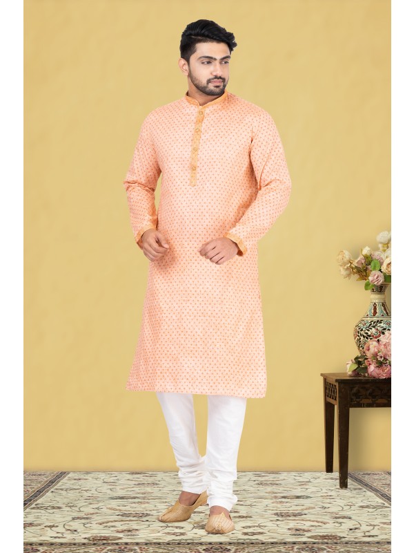 Cotton Silk Printed Readymade Kurta set in Peach 