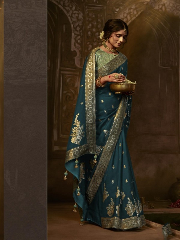  Pure Dola  Silk Party Wear Saree In Teal  Blue Color 
