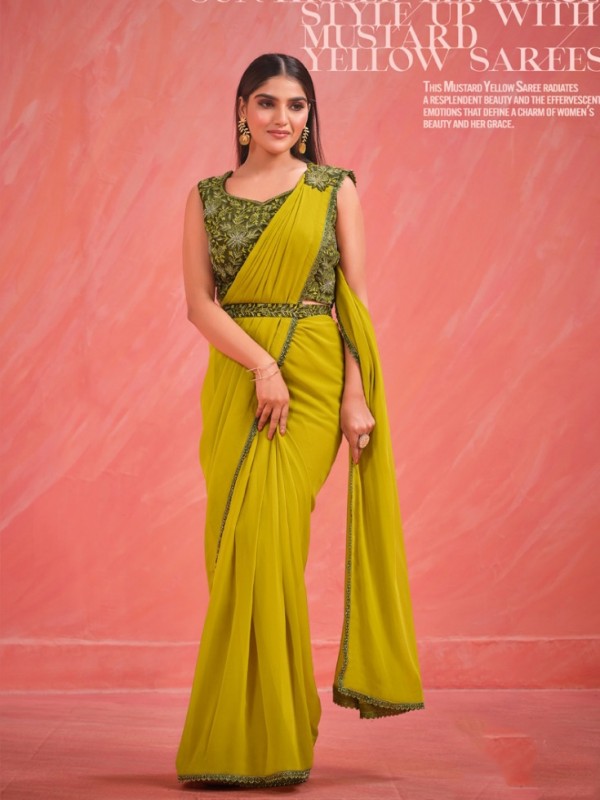 Georgette  Saree In Lemon Green Color With Embroidery Work
