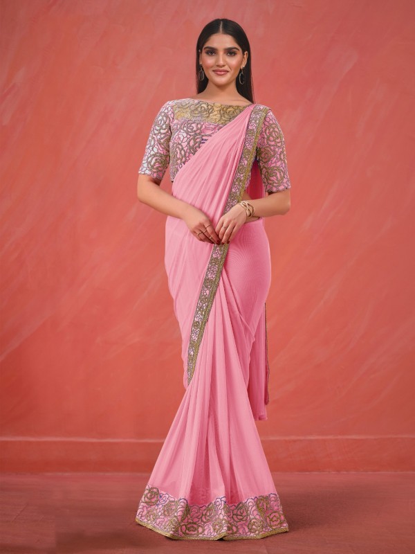 Laycra Net Saree In Pink Color With Embroidery Work