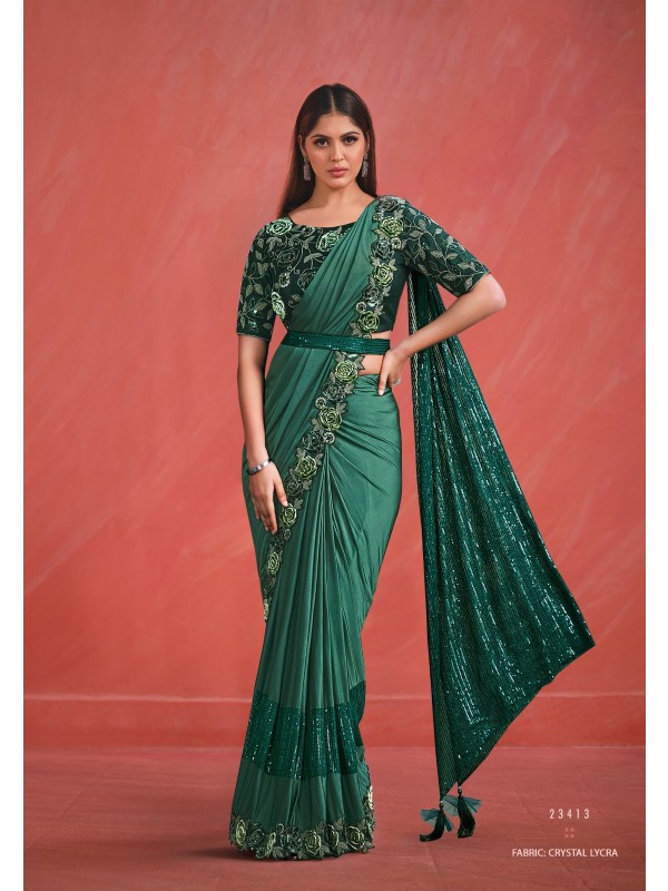 Laycra  Saree In Teal Green Color With Embroidery Work