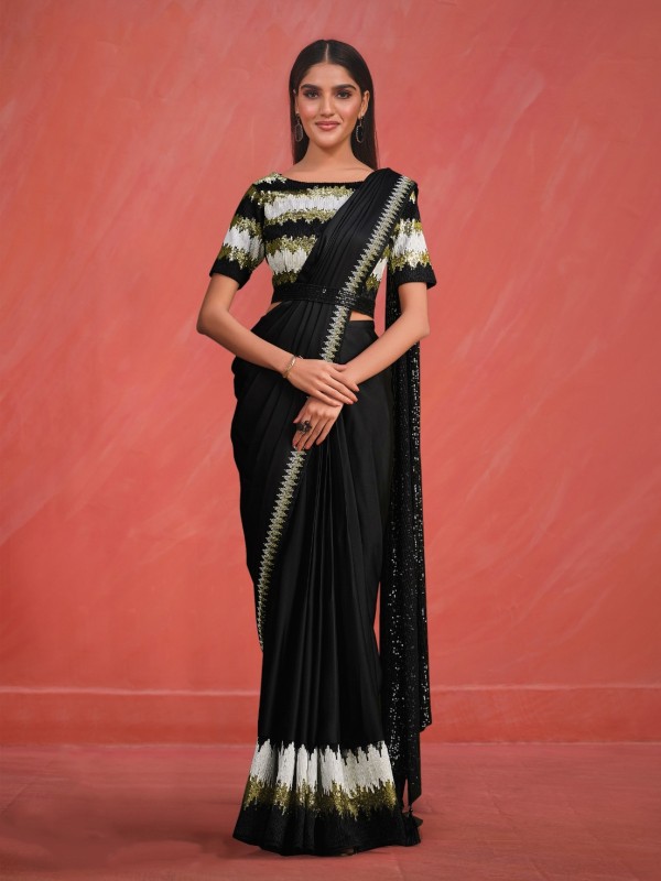 Silk Crape  Saree In Black Color With Embroidery Work