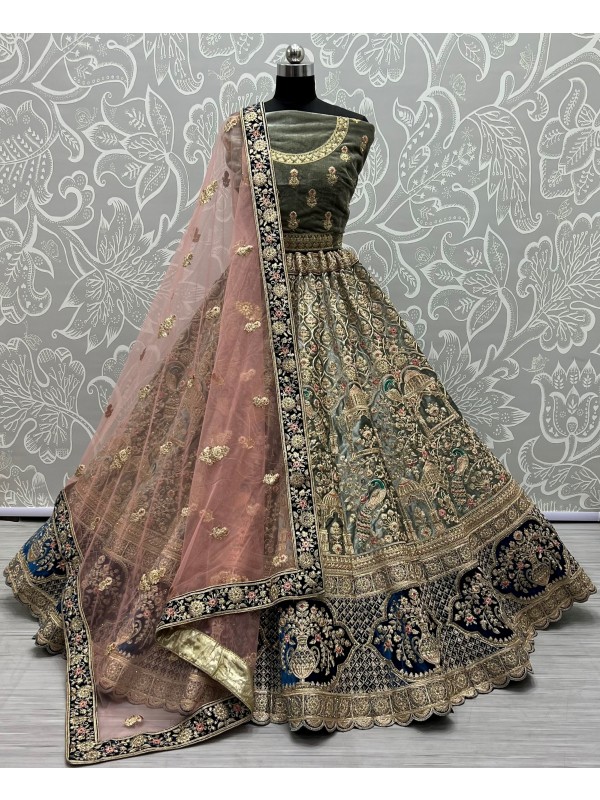 Pure Micro Velvet Bridal  Wear Lehenga In Green With Embroidery Work and  Zarkan Work 