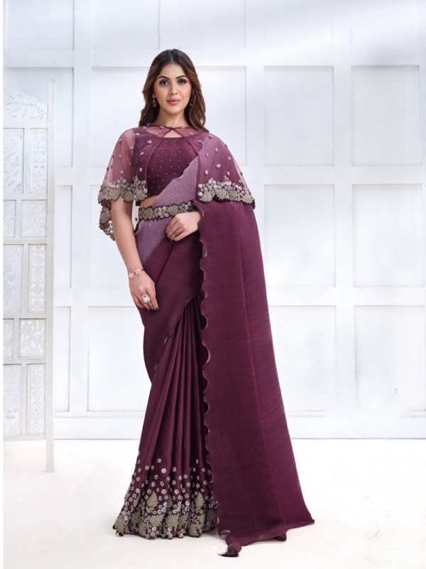  Crape Sateen Silk  Saree In Purple Color With Embroidery Work