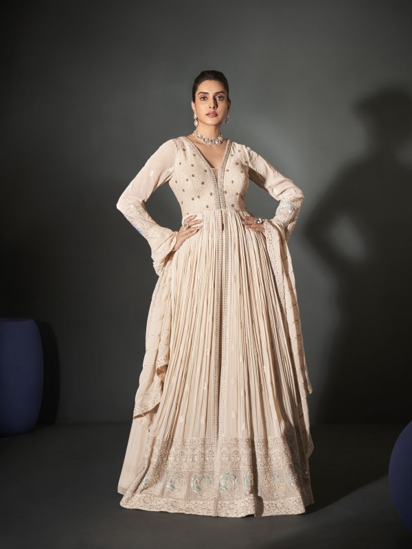 Pure Georgette Party Wear Gown Cream Color Color with Embroidery Work