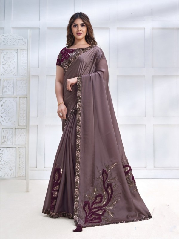  Crape Sateen Silk  Saree In Mauve Color With Embroidery Work