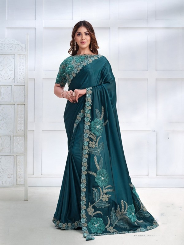  Crape Sateen Silk  Saree In Teal Blue Color With Embroidery Work