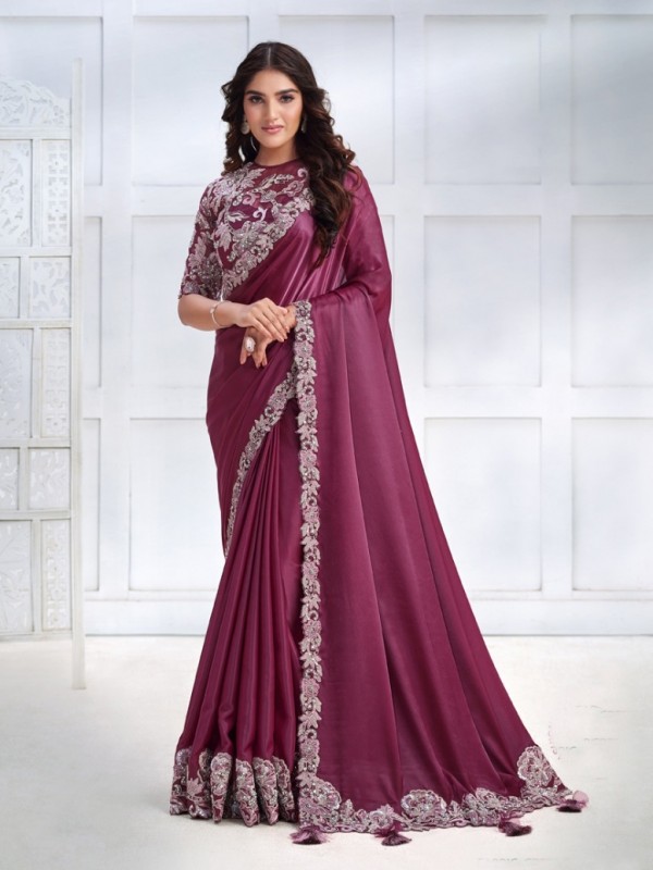  Crape Sateen Silk  Saree In Pink Color With Embroidery Work