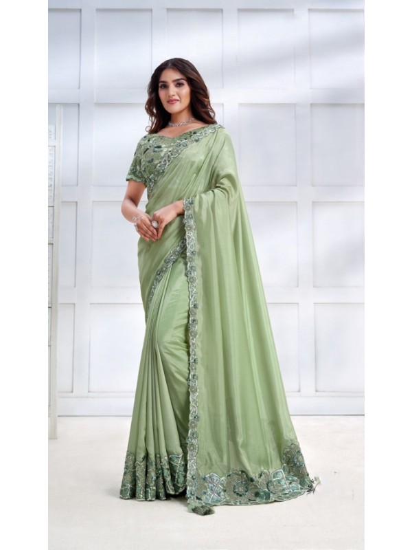Tusser Silk  Saree In Green Color With Embroidery Work