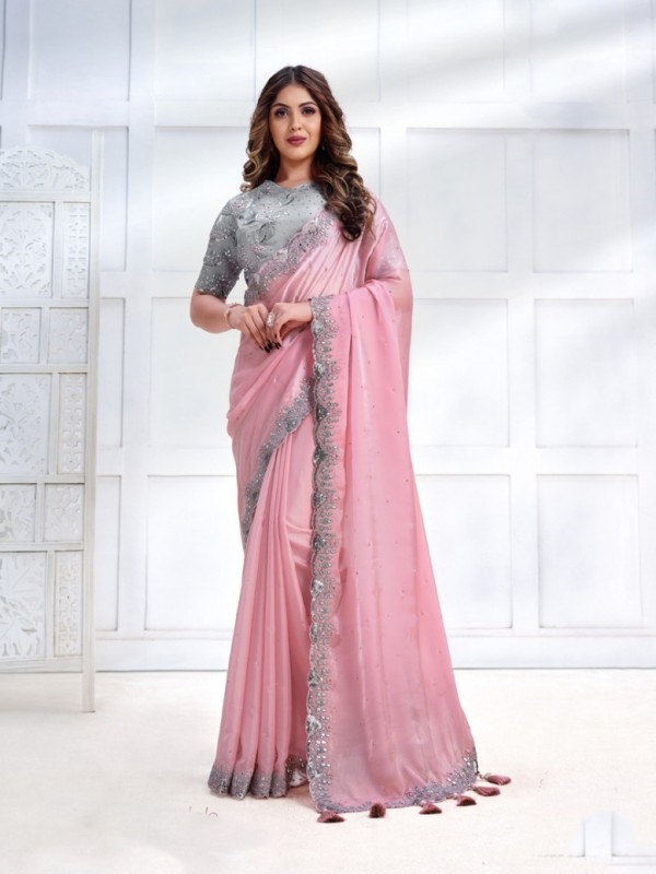  Crape Sateen Silk  Saree In Pink Color With Embroidery Work
