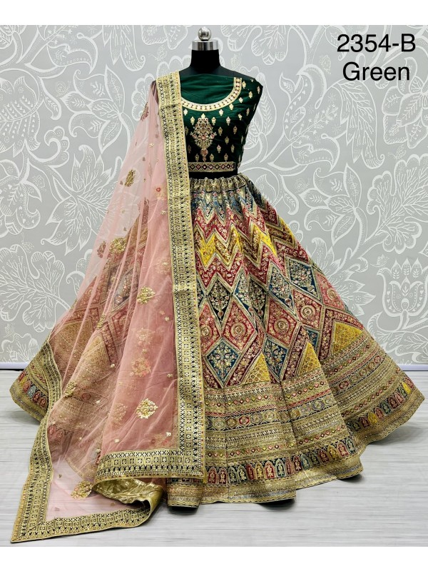 Pure Silk Bridal  Wear Lehenga In Green Color With Embroidery Work 