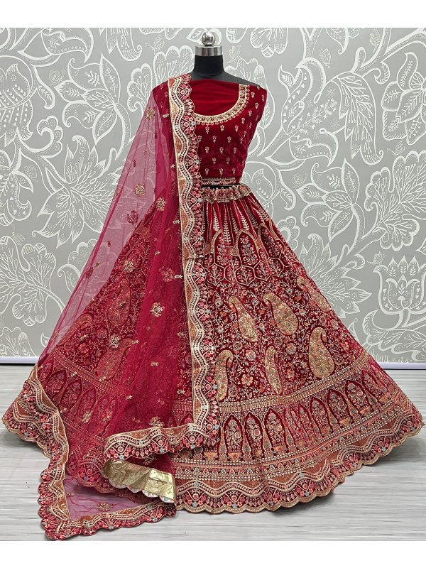 Pure Micro  Velvet Bridal  Wear Lehenga In Dark Pink Color With Embroidery Work 