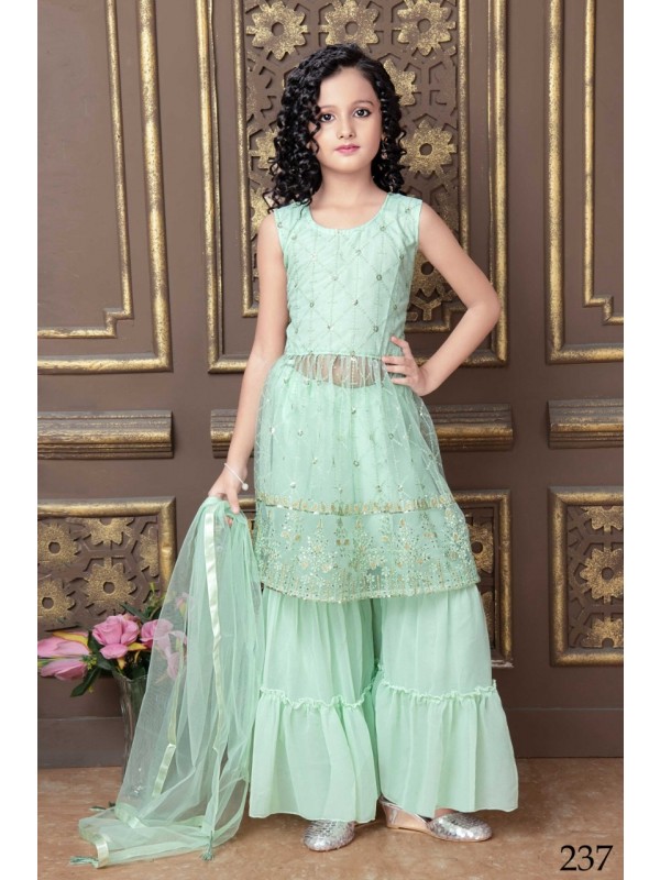 Soft Premium Net  Party Wear Kids Sharara In  Turquoise With Embroidery Work 