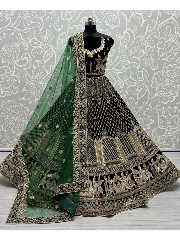 Pure Micro Velvet Bridal  Wear Lehenga In Green Color With Embroidery Work 