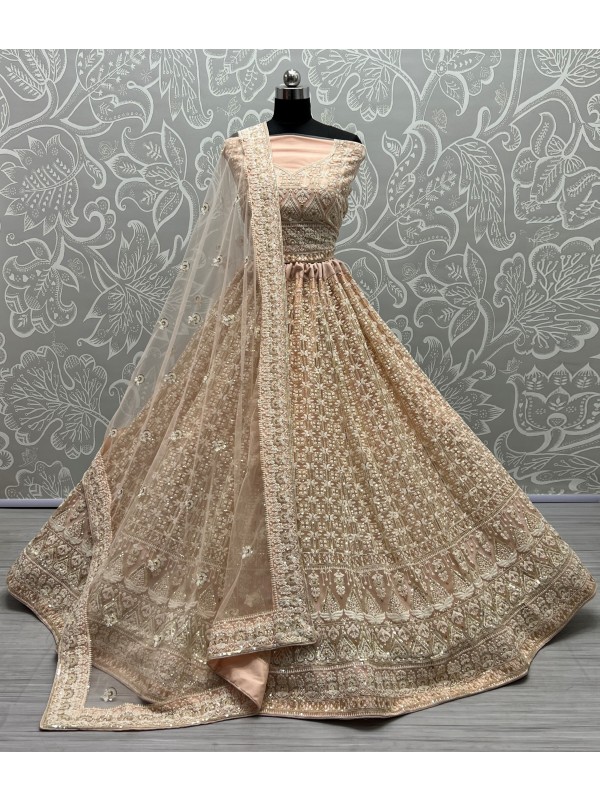 Soft Premium Net  Party Wear Lehenga In Peach Color  With Embroidery Work