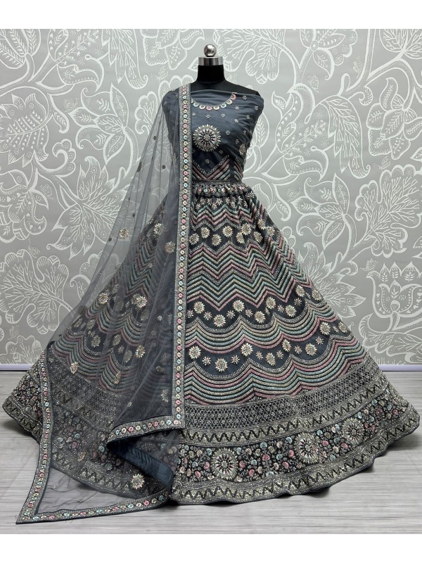 Soft Premium Net  Party Wear Lehenga In Grey Color  With Embroidery Work