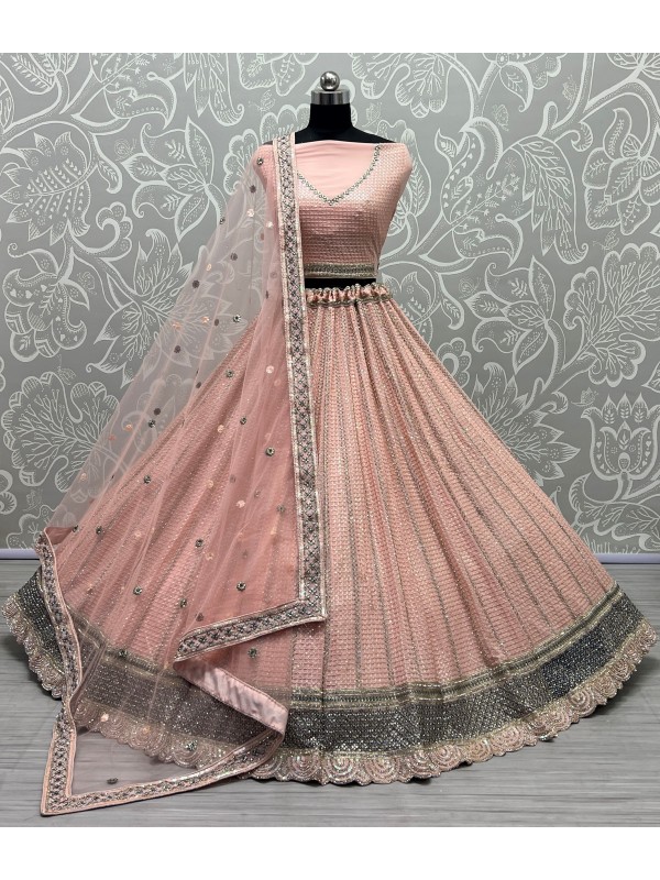 Georgette  Party  Wear Lehenga In Peach Color With Embroidery Work 