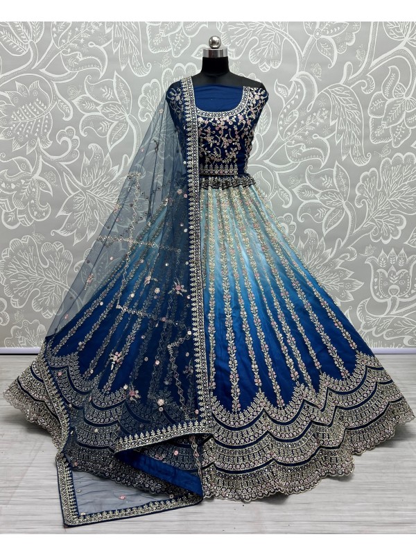 Pure Silk  Party  Wear Lehenga In Blue Color With Embroidery Work 