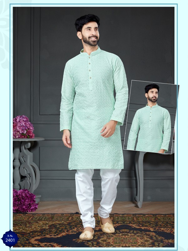 Wedding Wear Kurta set Cotton Silk fabric in Pista with Embroidery work 
