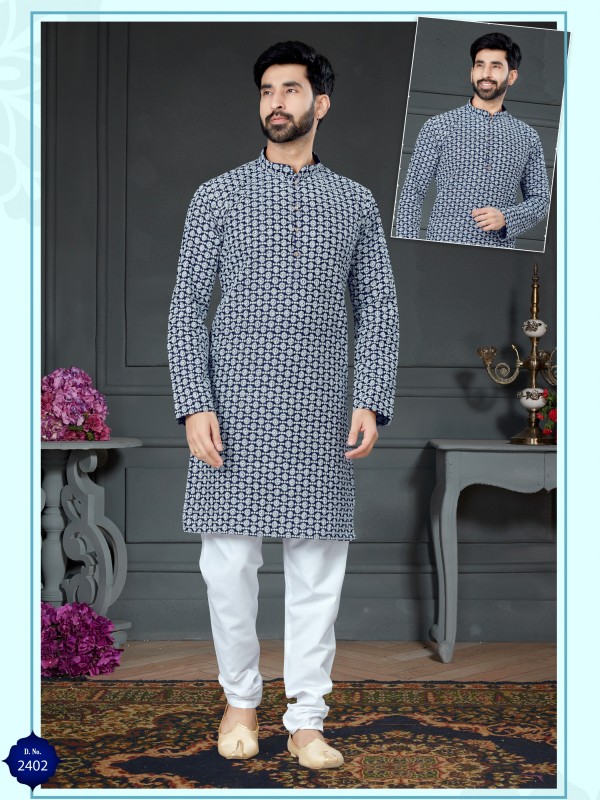 Wedding Wear Kurta set Cotton Silk fabric in Navvy Blue with Embroidery work 