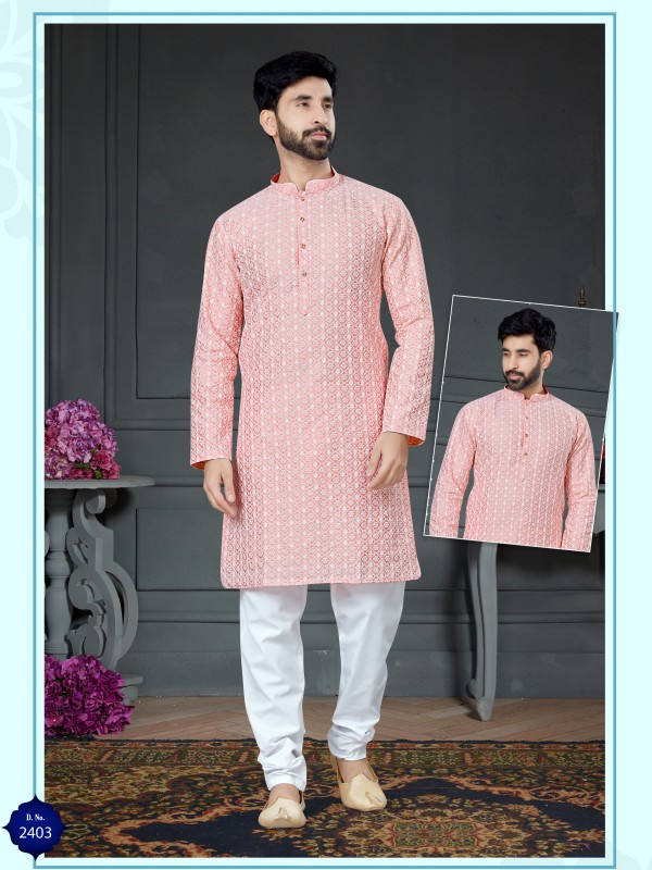Wedding Wear Kurta set Cotton Silk fabric in Light Pink with Embroidery work 