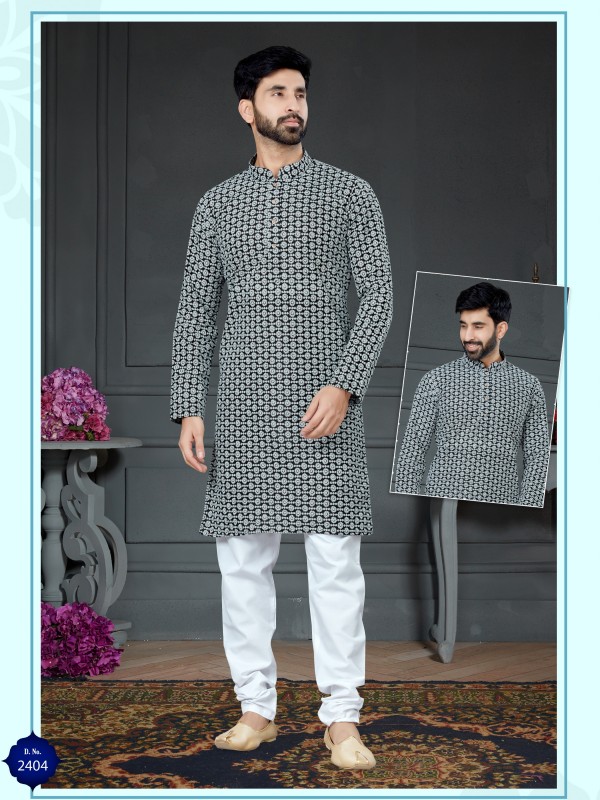 Wedding Wear Kurta set Cotton Silk fabric in Black with Embroidery work 