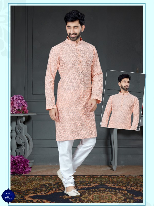 Wedding Wear Kurta set Cotton Silk fabric in Peach with Embroidery work 