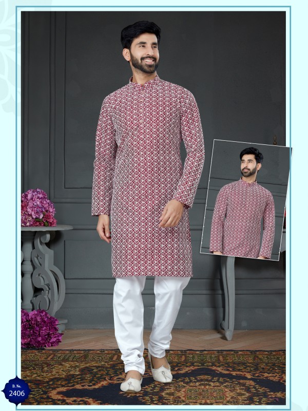 Wedding Wear Kurta set Cotton Silk fabric in Maroon with Embroidery work 