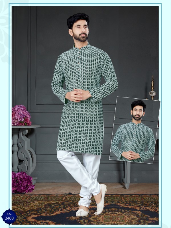 Wedding Wear Kurta set Cotton Silk fabric in Green with Embroidery work 