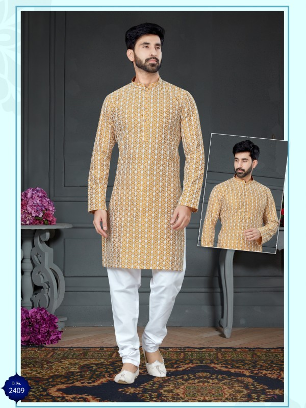 Wedding Wear Kurta set Cotton Silk fabric in Mustard  with Embroidery work 