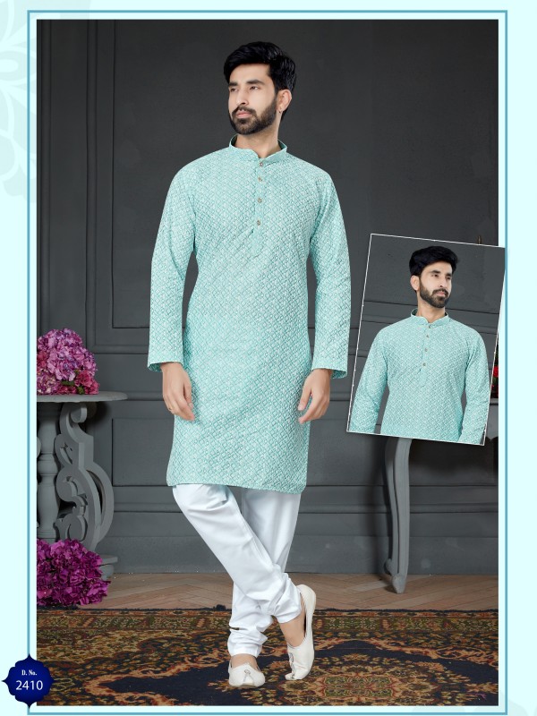 Wedding Wear Kurta set Cotton Silk fabric in Sky Blue with Embroidery work 