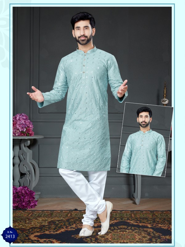 Wedding Wear Kurta set Cotton Silk fabric in Sky Blue with Embroidery Mirror work 